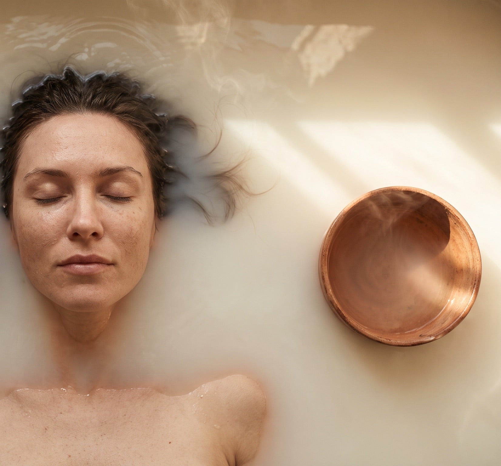 Woman floating serenely in a milky bath beside a copper bowl
