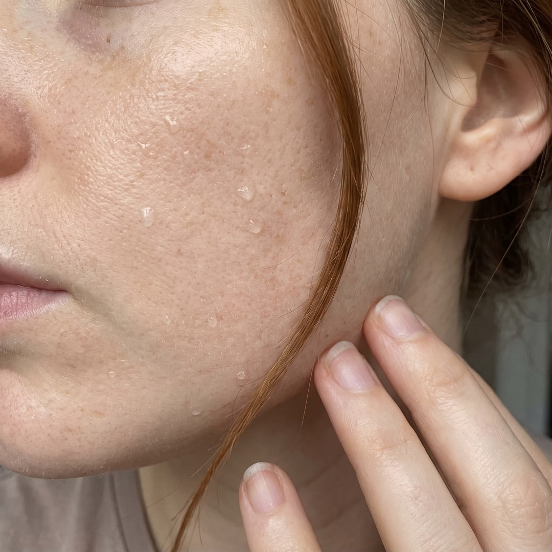 Fine mist droplets settling on freckled skin